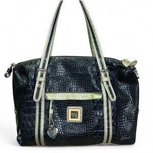 Sharif Studio Black Croc Embossed Tote w/ Logo Charm & Floral Lining